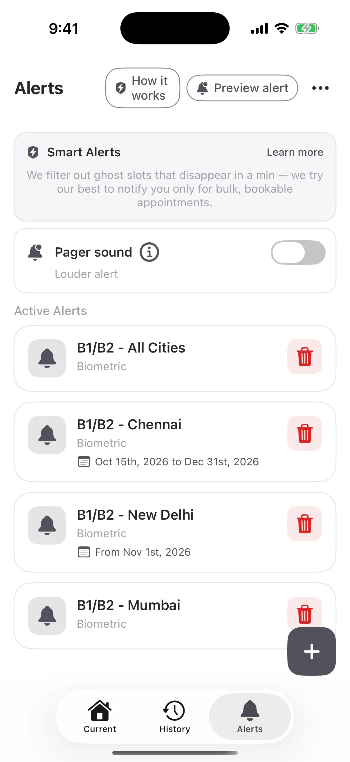 GetMyVisa Alerts screen: B1/B2 Biometric alerts for All Cities, Chennai, New Delhi and Mumbai, with the Pager sound toggle