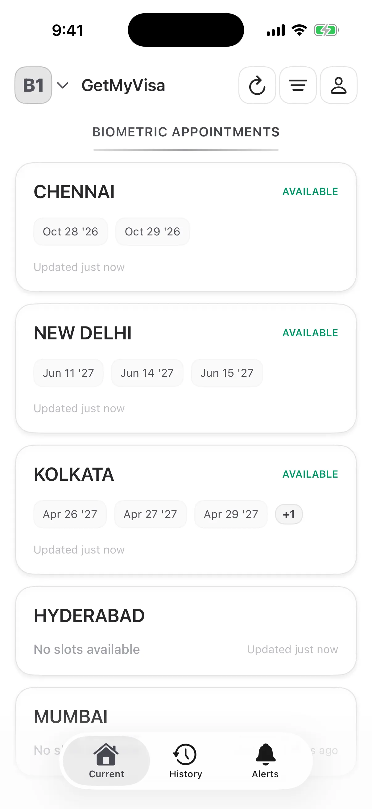 GetMyVisa Current Slots screen: Chennai, New Delhi and Kolkata marked Available with their open dates, Hyderabad and Mumbai with no slots