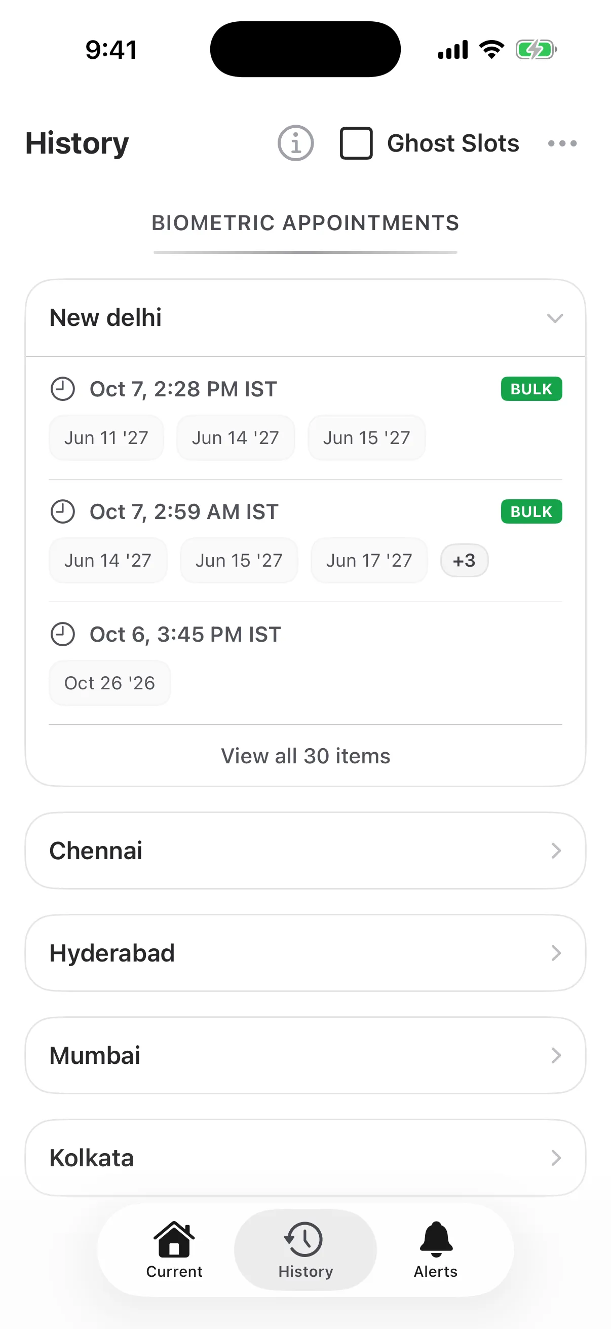 GetMyVisa History screen: New Delhi releases on Oct 7 and Oct 6, two with BULK badges, and a View all link